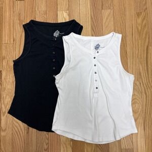 Pilcro Anthropologie Ribbed Henley Tank Set Of 2 - Black And White - Size Medium